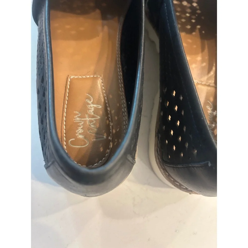 Crown Vintage Loafers Black Perforated Leather Platform MIAA Pointed Toe Shoes